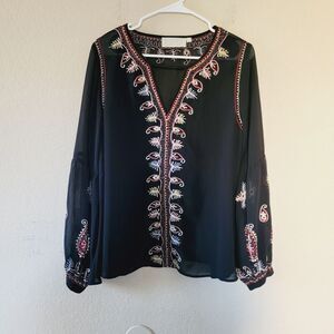 Love Sam Peasant Top Women Size Medium Bohemian Puff Sleeve Embroidered Sheer